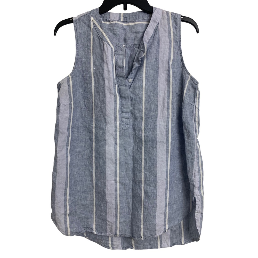 Blue White Striped Sleeveless Linen Blend Split Neck Tunic Top Small